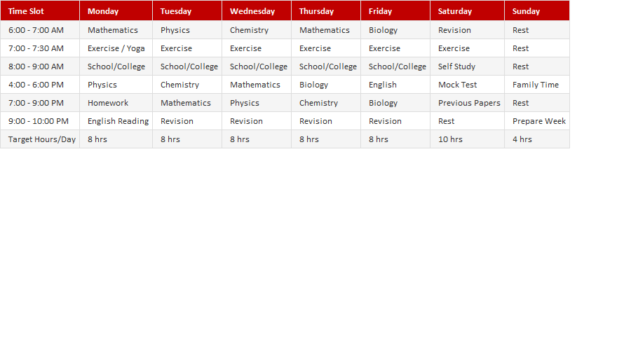 Weekly Study Timetable