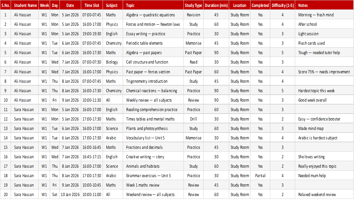 Study Timetable Planner