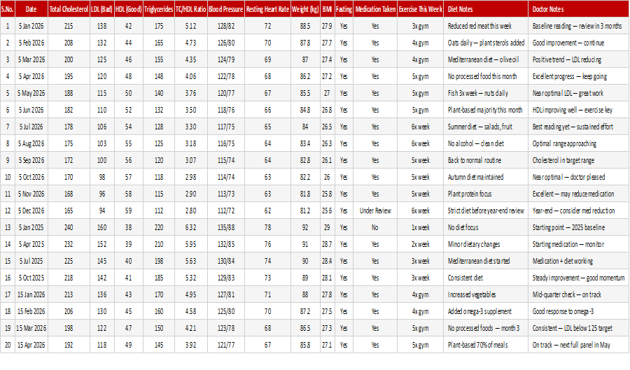 Preview of the Cholesterol & Heart Health Log Excel template