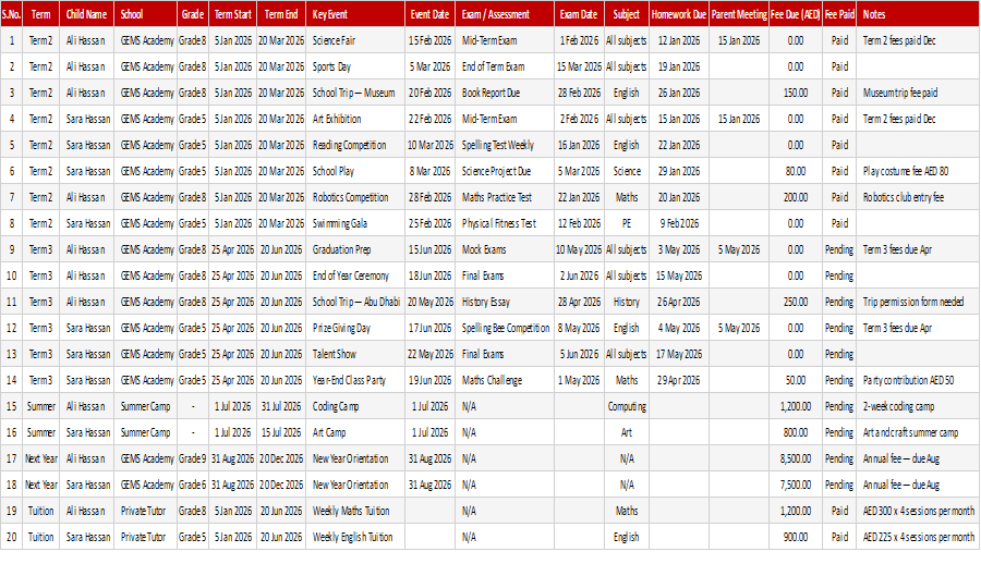 Preview of the School Term Planner Excel template
