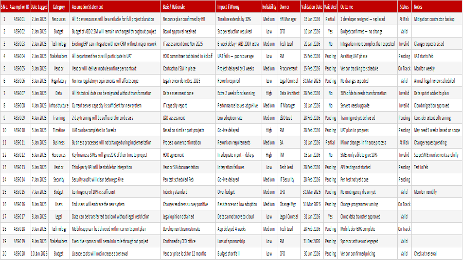 Preview of the Project Assumptions Log Excel template