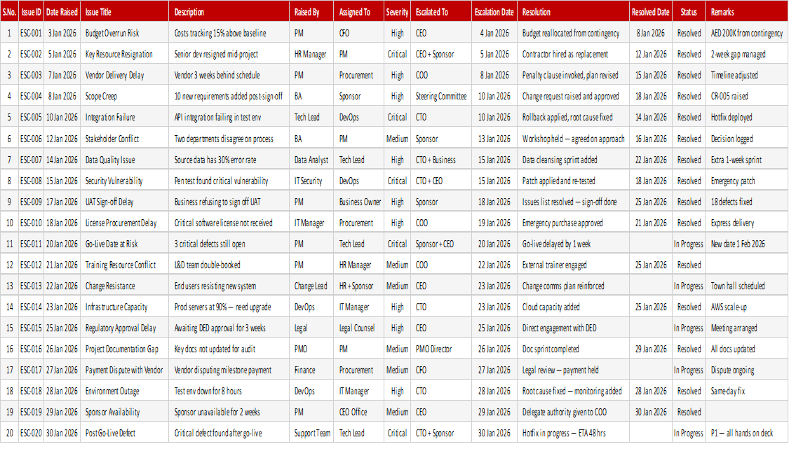 Issue Escalation Log
